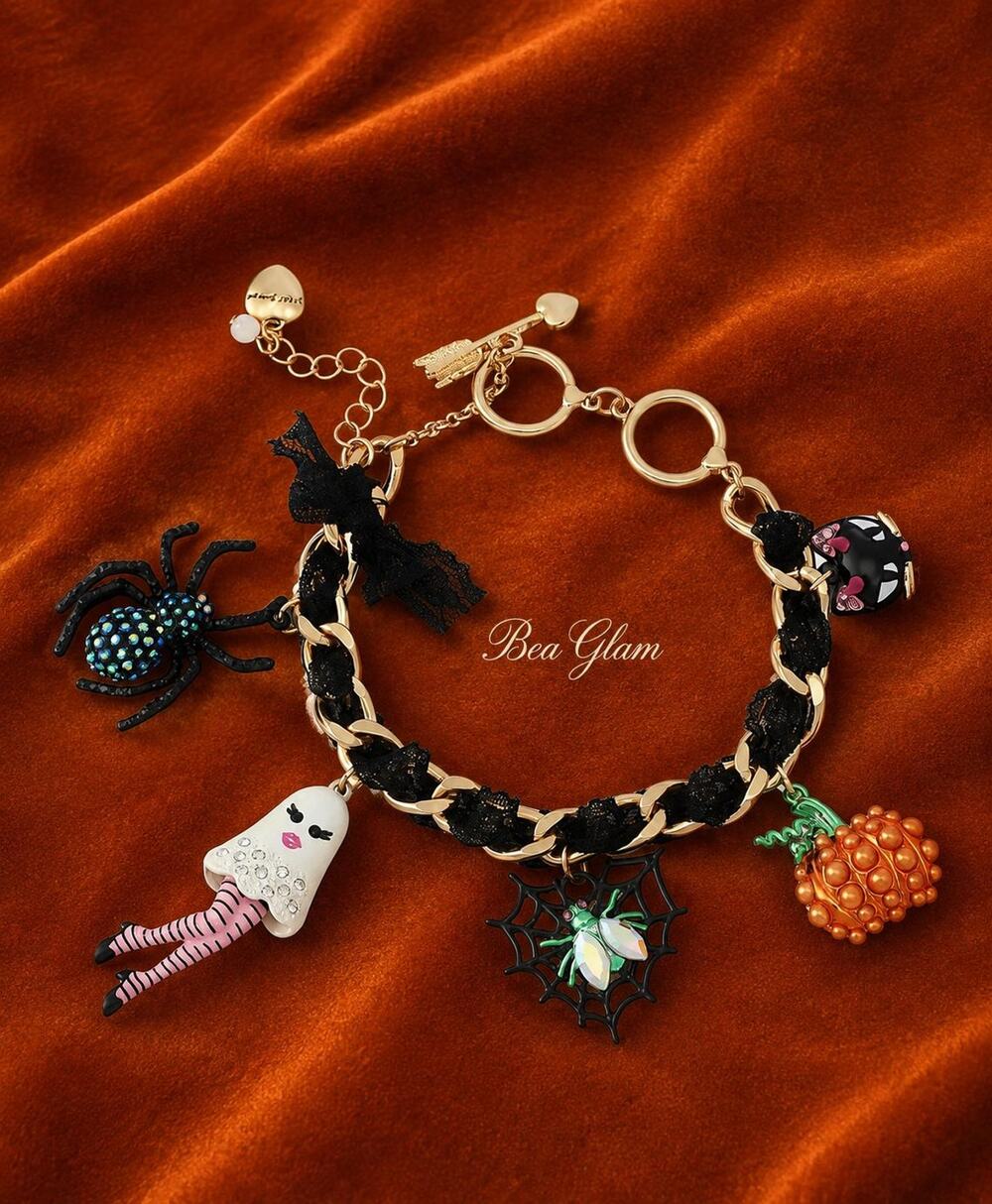 Betsey Johnson Charm Bracelet, Ghost Pumpkin Black Cat Spider Web